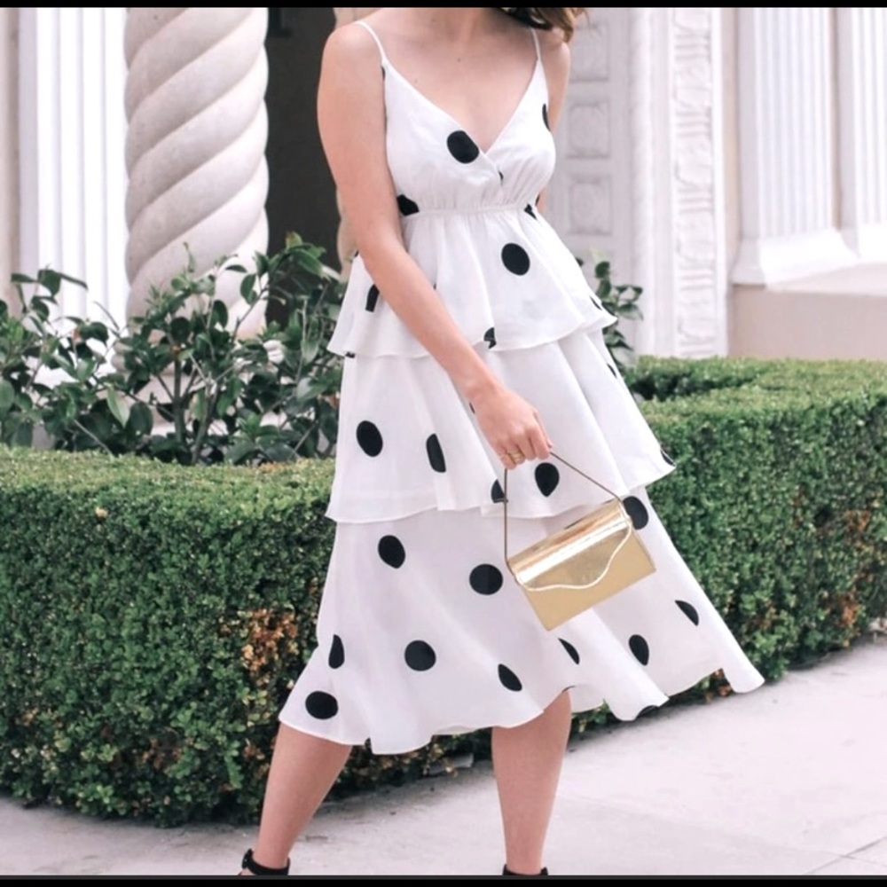 O.P.T. Casa White and Black Polka Dot Tiered Midi Dress - NWT